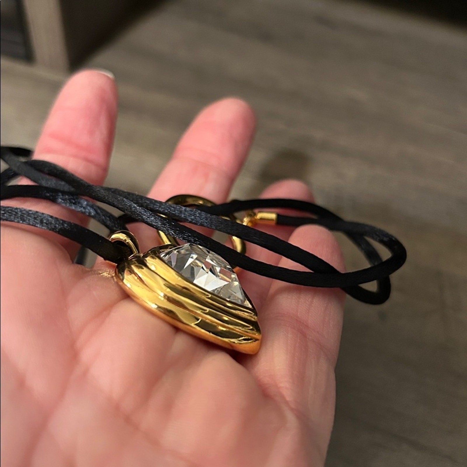 Rare Escada Modern Gold Plated Heart Crystal Pendant Necklace Black Cord #G016