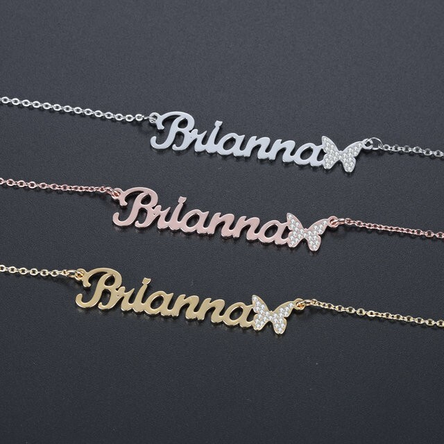 Custom Name Butterfly Zirconia Necklace Jewelry Women Anniversary Gold Silver