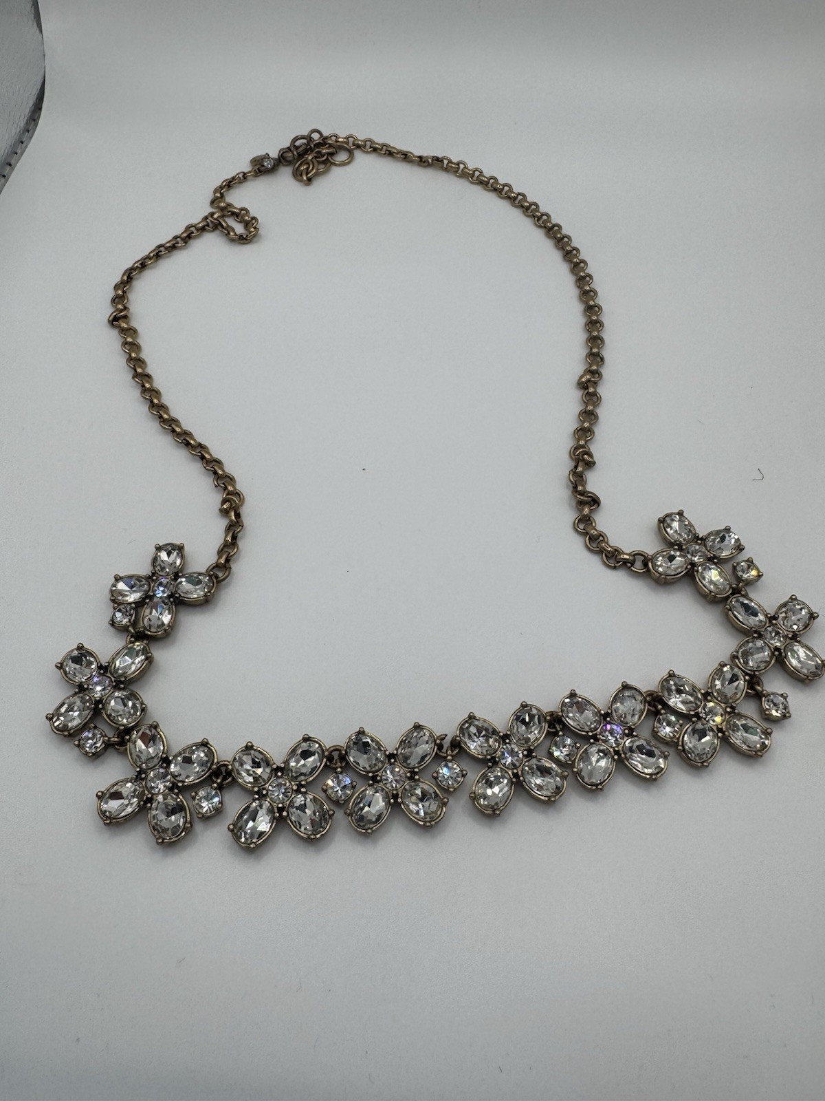 J. Crew Chunky Floral Crystal Necklace Gold Tone Spring Ring Adjustable 29″