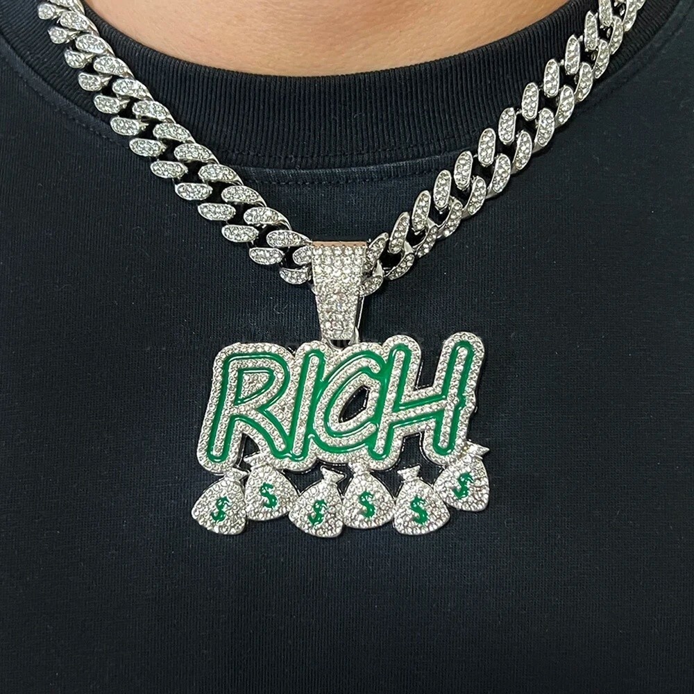 Hip Hop Iced Bling RICH Pendant Necklace Miami Cuban Chain Men’s Fashion Jewelry