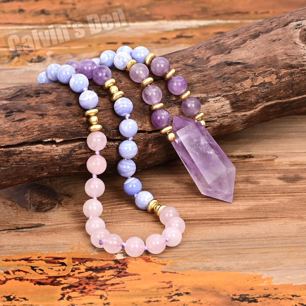 Amethyst Blue Lace Agate Rose Quartz Shell Bead Necklace + Crystal Point Pendant