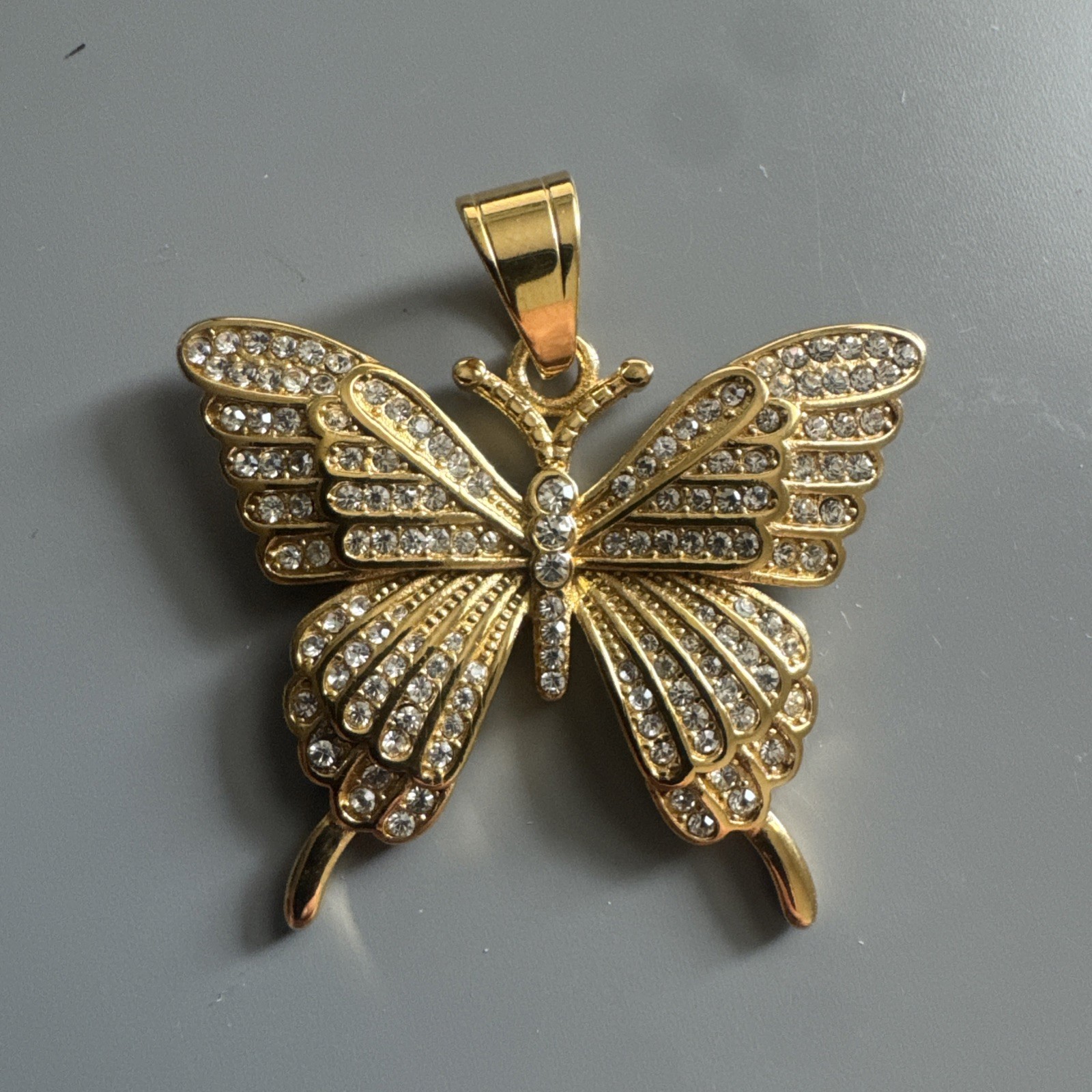 Butterfly Gold Tone Pendant Necklace Stainless Steel Gift Her Cubic Zirconia Fly