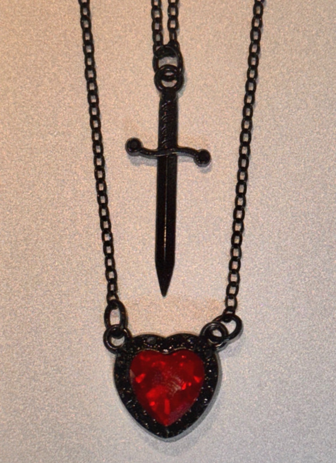 Silver Black Gothic Red Heart & Dagger Pendant Couple Necklace & Free Gift