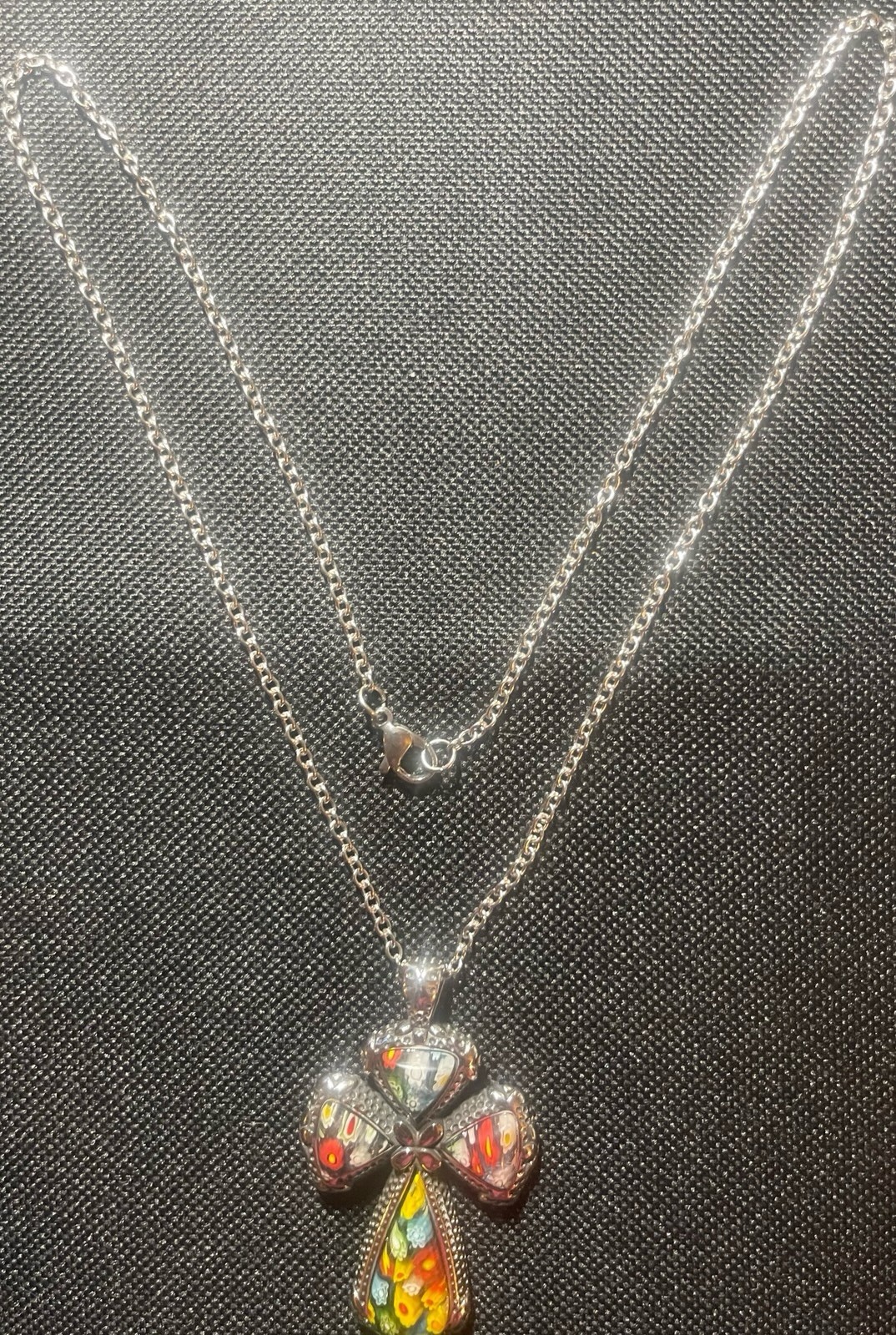 Murano Style Millefiori Cross Pendant 20” Necklace 316L S.steel