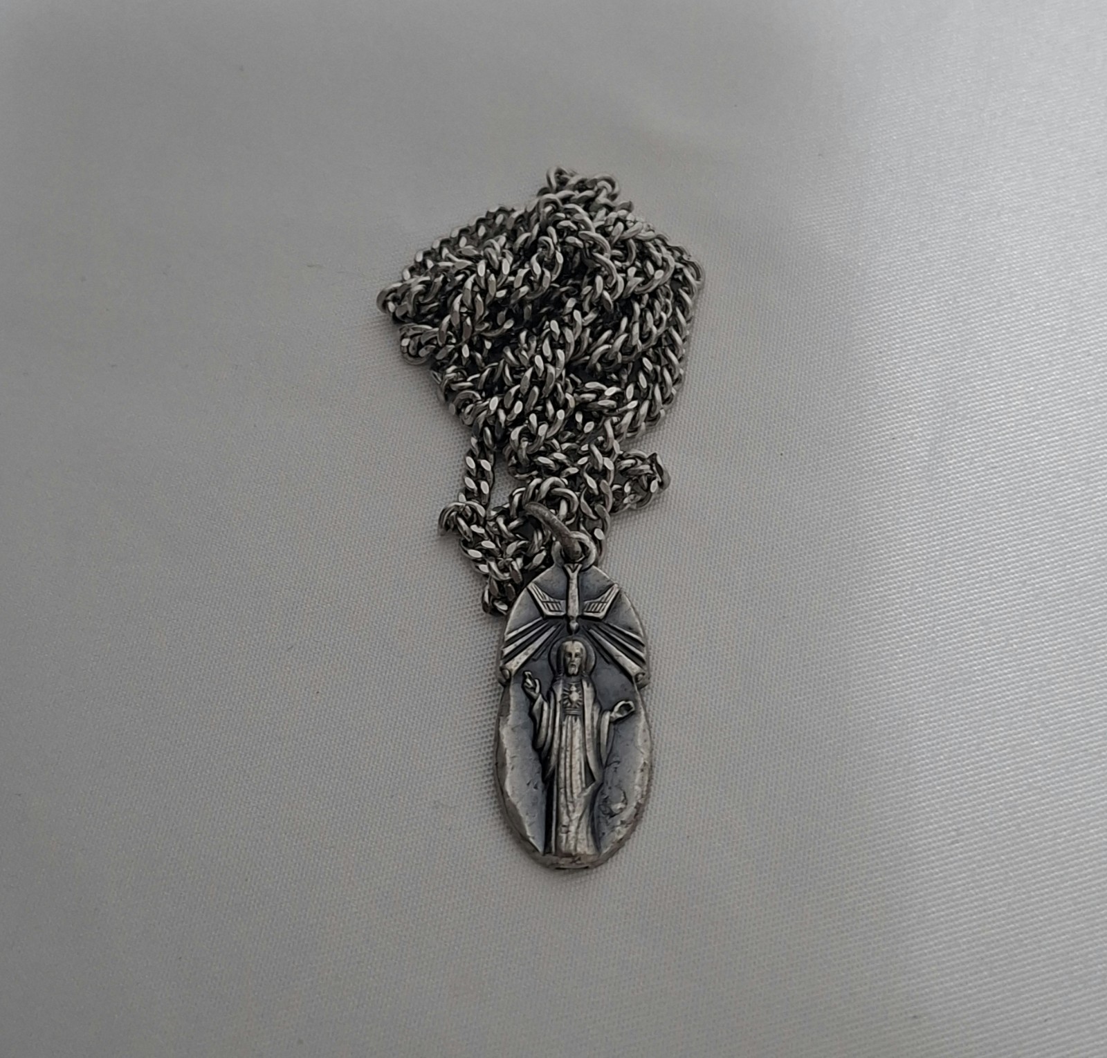 Silver Tone Holy Spirit Religious Pendant Necklace Dove Cross Made In Italy