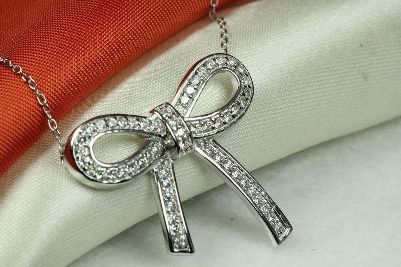BEAUTIFUL STUNNING CZ ACCENTS LARGE BOW TIE STERLING SILVER 925 NECKLACE~BLC~WED