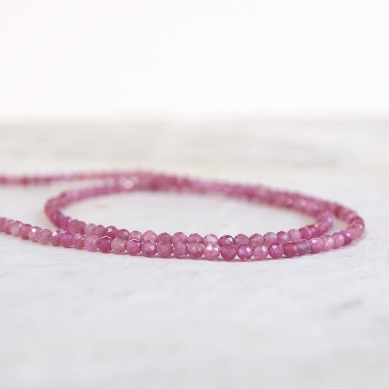 Pink Tourmaline 2mm Crystal Gemstone Beads Minimalist Dainty Choker Necklace
