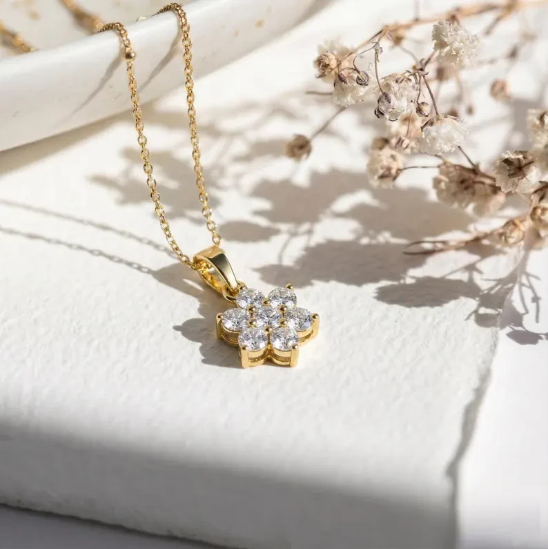 Flower Charm Pendant Necklace Round Simulated Diamond In 14k Yellow Gold Plated