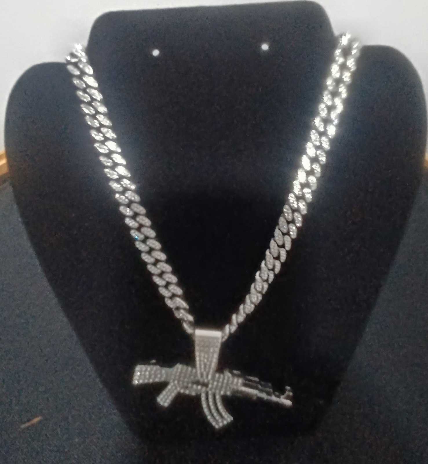 Silver Tone Cuban Link Chain Necklace w/ Gun Charm Pendant, Biker Theme