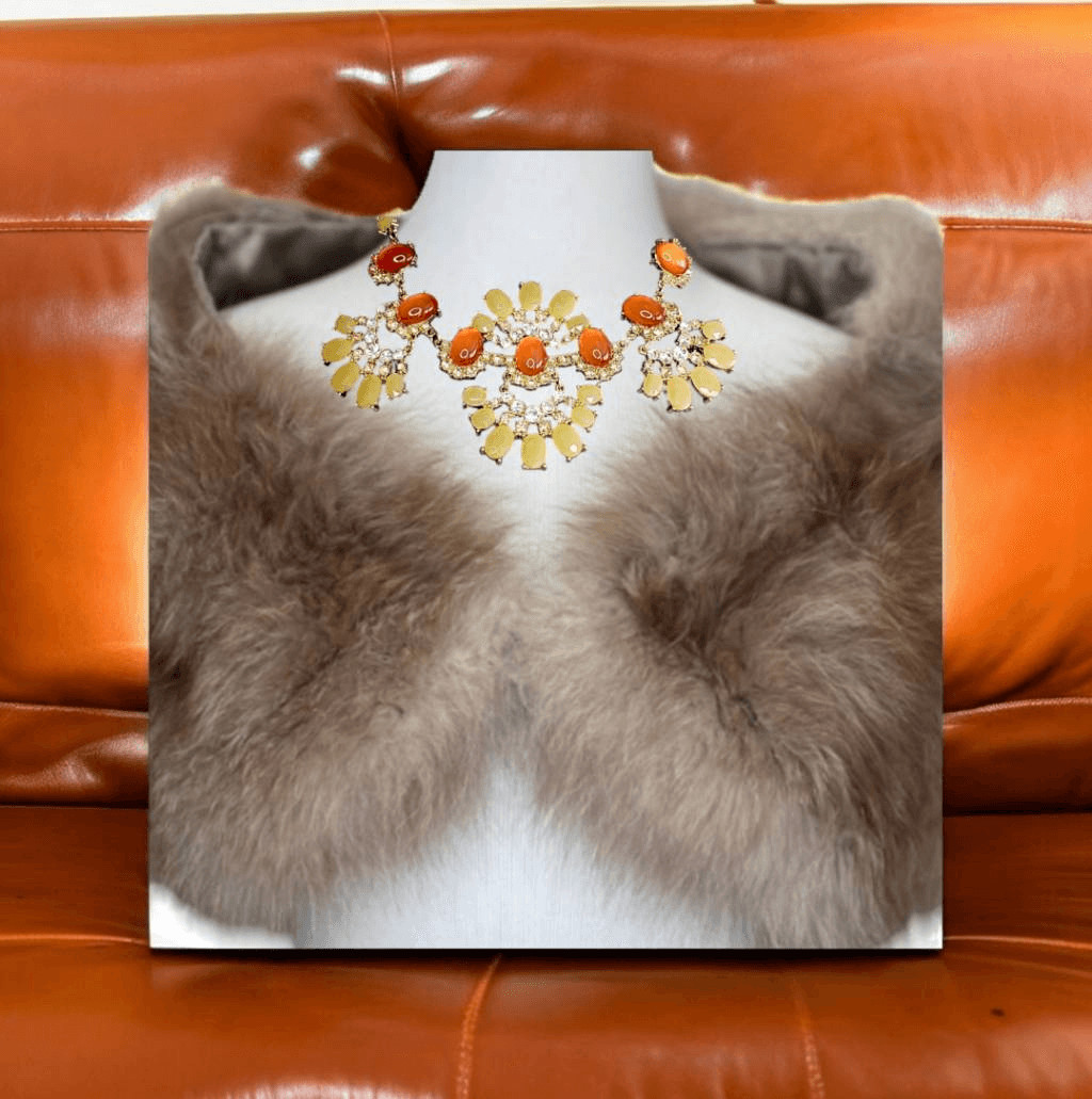 Talbots Moonstone Cabochon Necklace Lemon Orange Rhinestone Gold Setting Retired