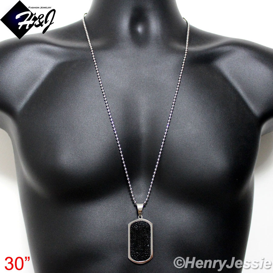 30″MEN Stainless Steel 2.5mm Silver Beaded Chain Black CZ Dog Tag Pendant*B43