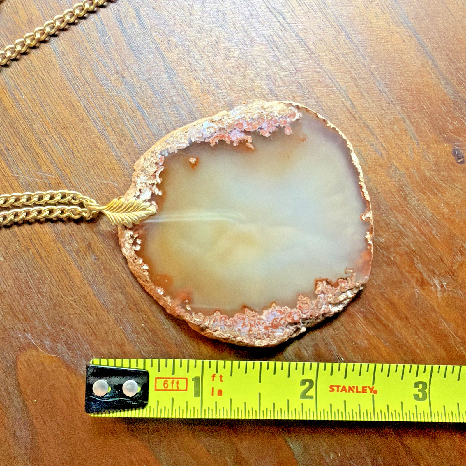 Coffee Colored Agate Slice Pendant Necklace Large Gold Toned Size