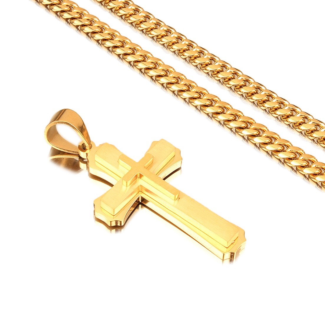 Men’s Stainless Steel Cross Necklace Cuban Chain Pendant Gold Silver Black 24