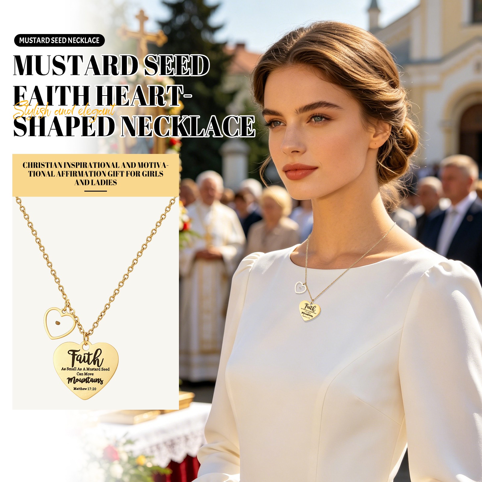 Mustard Seed Faith Heart Pendant Matthew 17:20 Bible Prayer Steel Chain Necklace