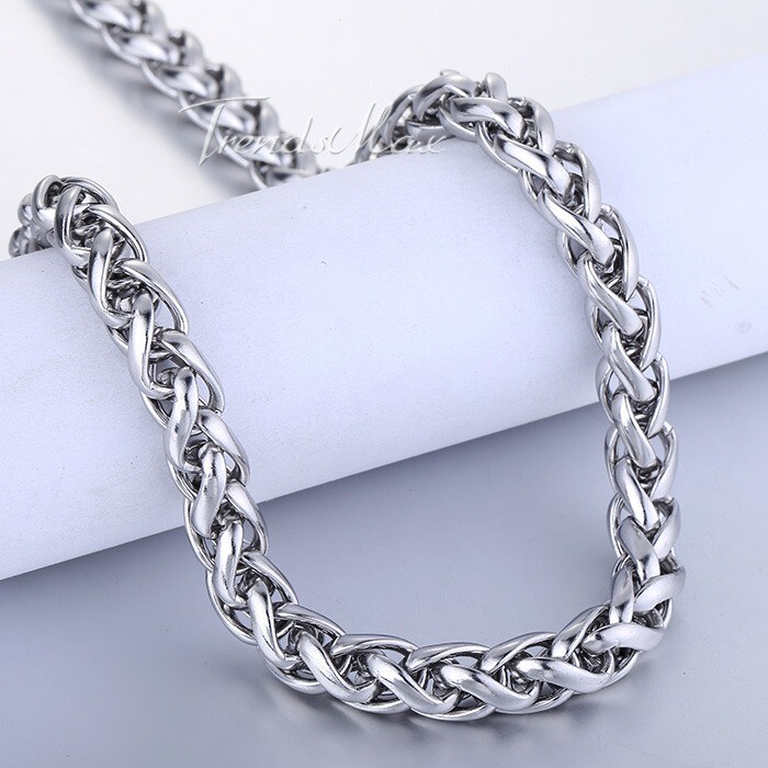 8mm Mens Chain Stainless Steel Braided Wheat Link Necklace Silver Jewelry 18-24″
