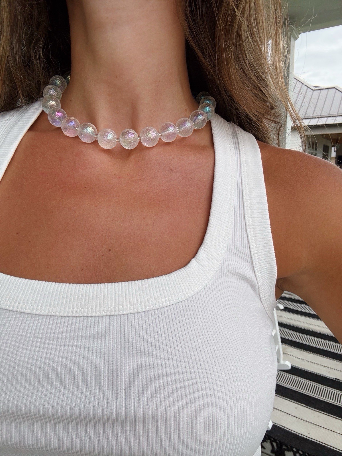 Round Clear Crystal Beaded Choker Necklace, Ball/Bead Chain, White/Colorless