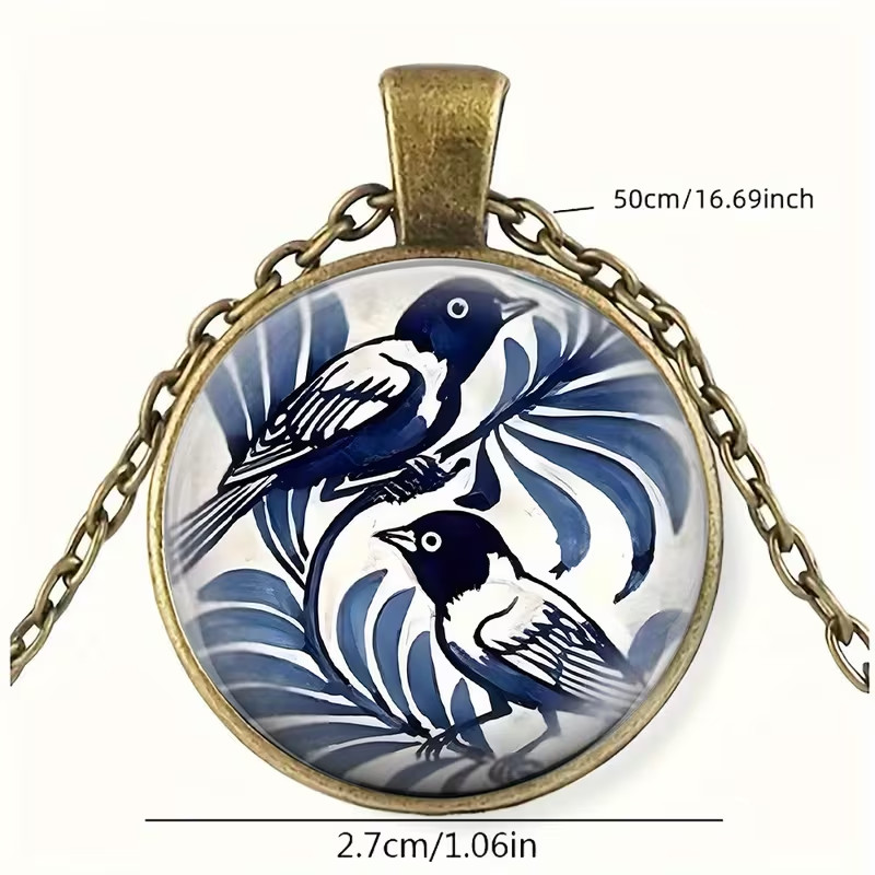 Blue & White Bird Round Pendant Necklace Fashion Jewelry Bronze Toned Gift
