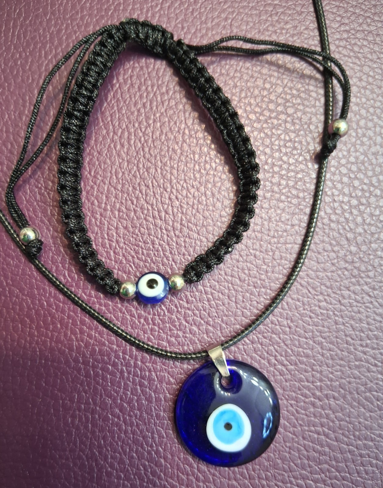 Turkish Blue Evil Eye Round Glass Amulet Necklace & Bracelet Free