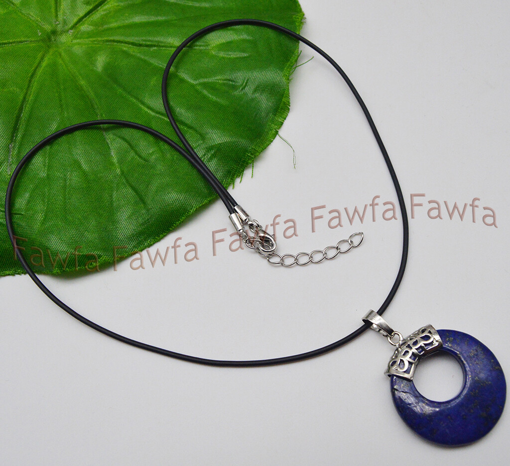 Fine 28mm Blue Lapis Lazuli Ring Round Pendant Black Leather Rope Necklace 18”