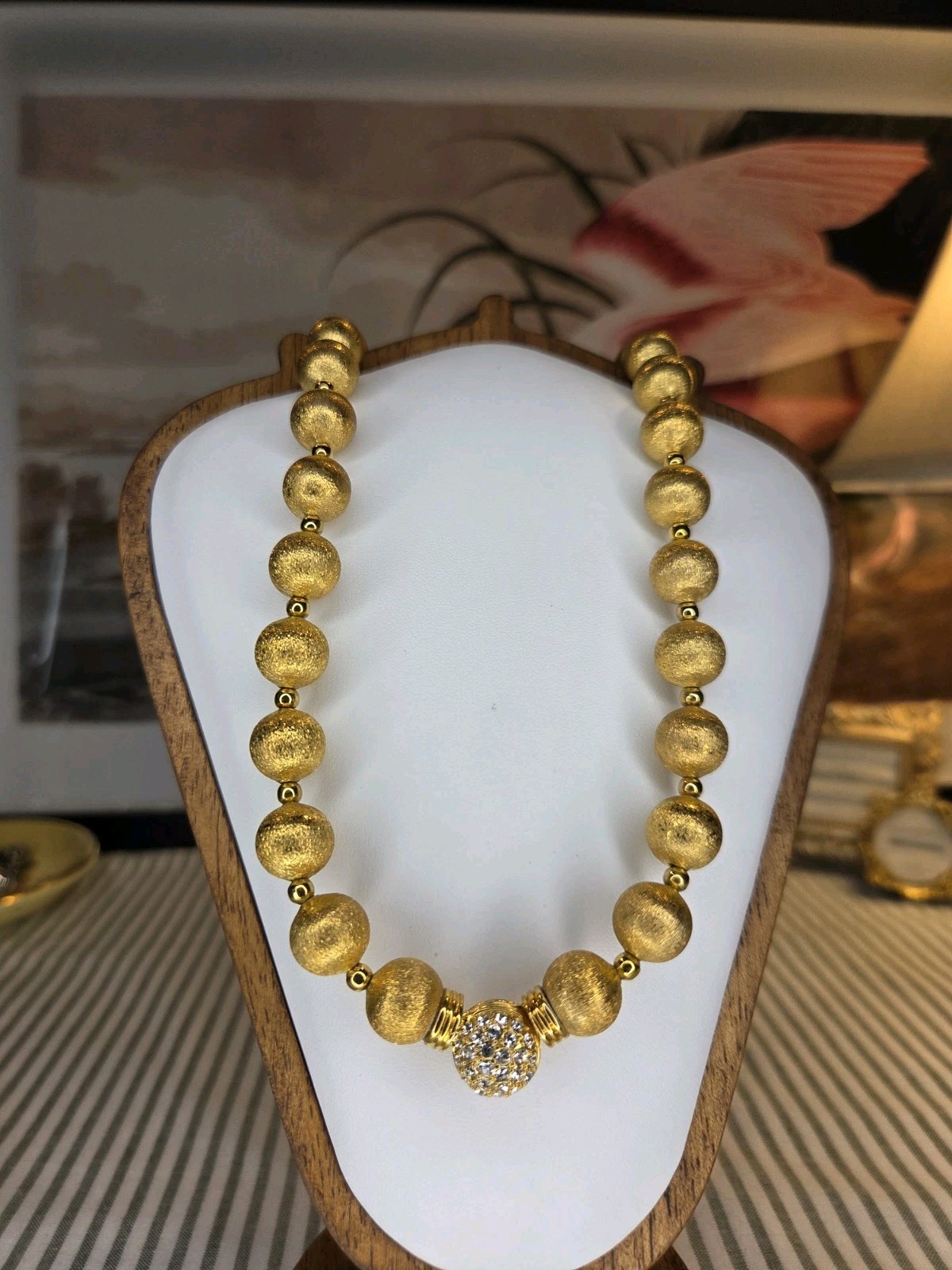 Gold Tone Beaded Necklace, Pavé White Crystal Round Charm Magnetic Snap Clasp