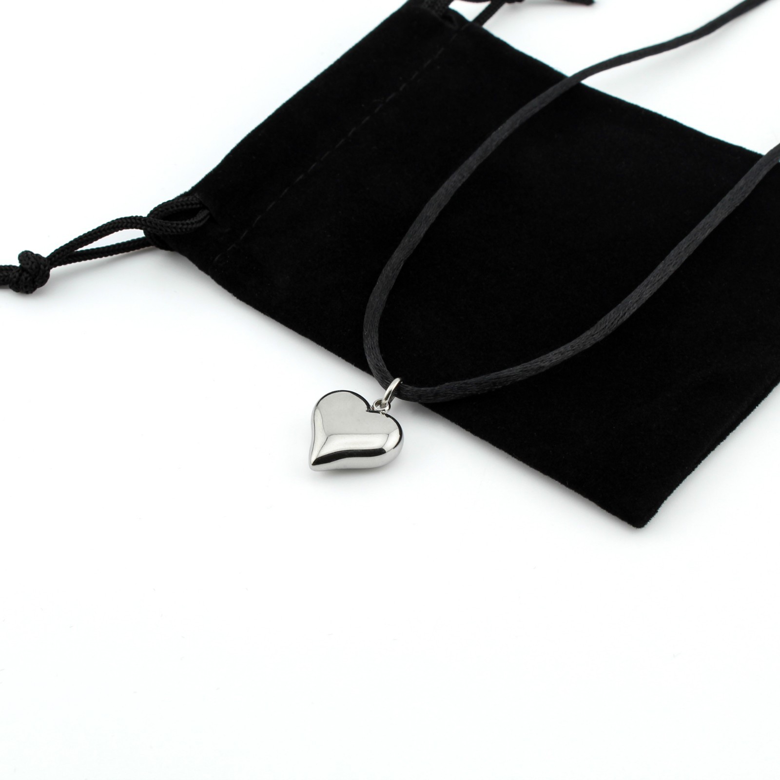 Stainless Steel Puffy Heart Pendant Necklace Satin Silk Cord 16-30″ Women Girls