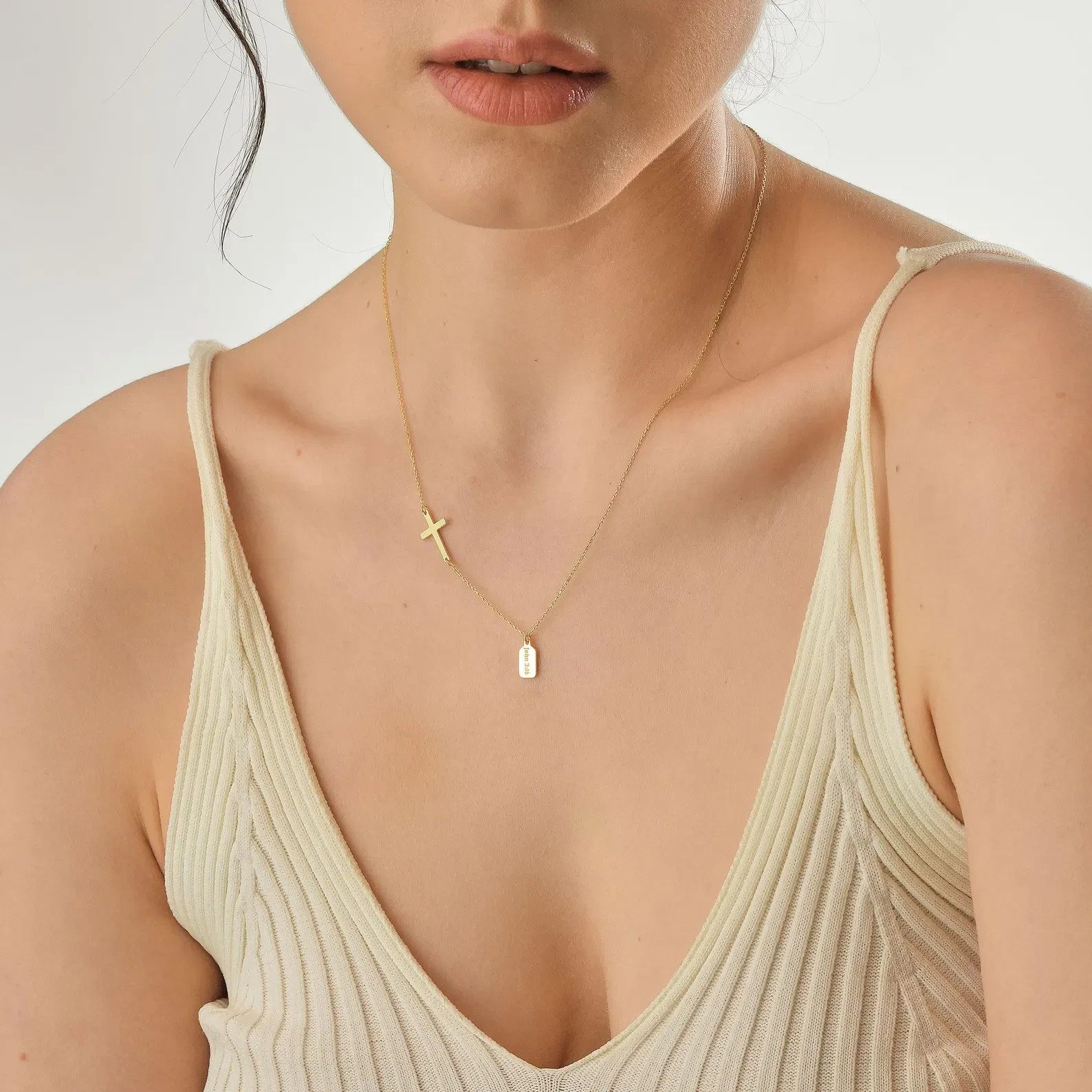 Personalized Name Tag Necklace with Side Cross Pendant Multiple Name for Women
