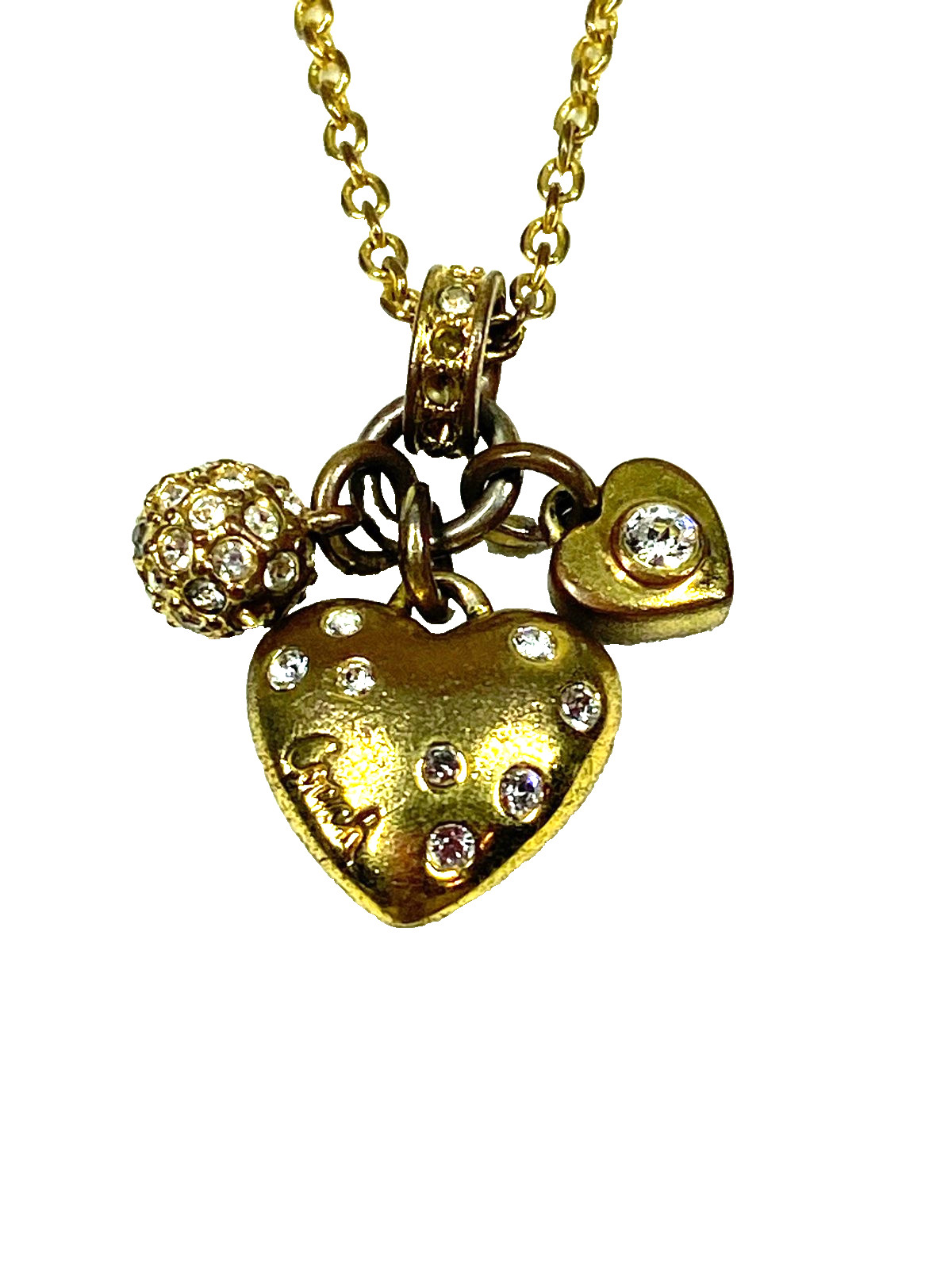 Coach Gold Tone Charm Necklace Heart With Clear Crystals Small Heart Crystal ++