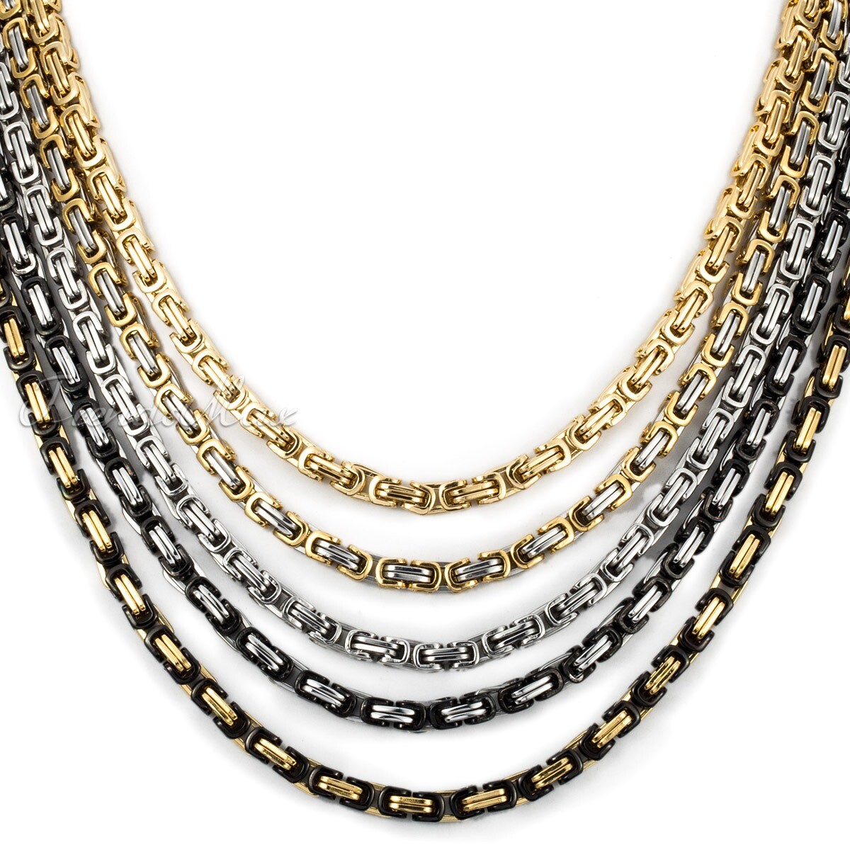 18-30″ MEN Stainless Steel 5mm Silver/Gold Plated Byzantine Box Chain Necklace