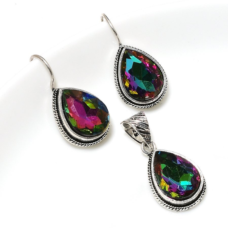 Mystic Quartz 925 Silver Plated Handmade Pendant & Earrings Set of 25″