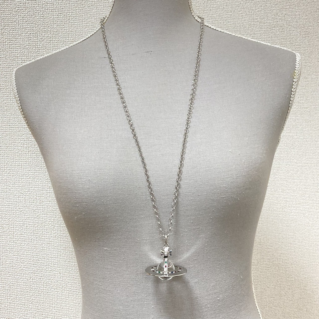 Vivienne Westwood Necklace Small Orb Silver Clear 80cm Top 4.5cm w/Pouch NO BOX