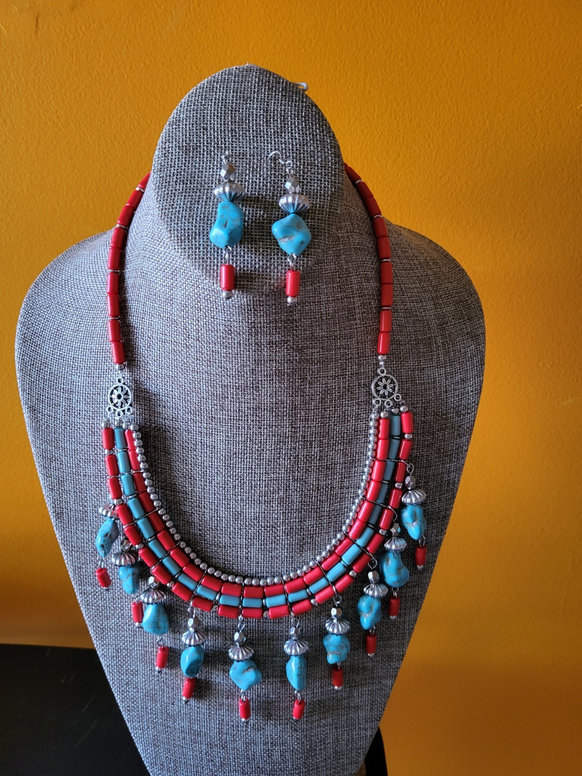 Tibet or Nepal stylebturquoise and coral statement bib necklace wiyh earings
