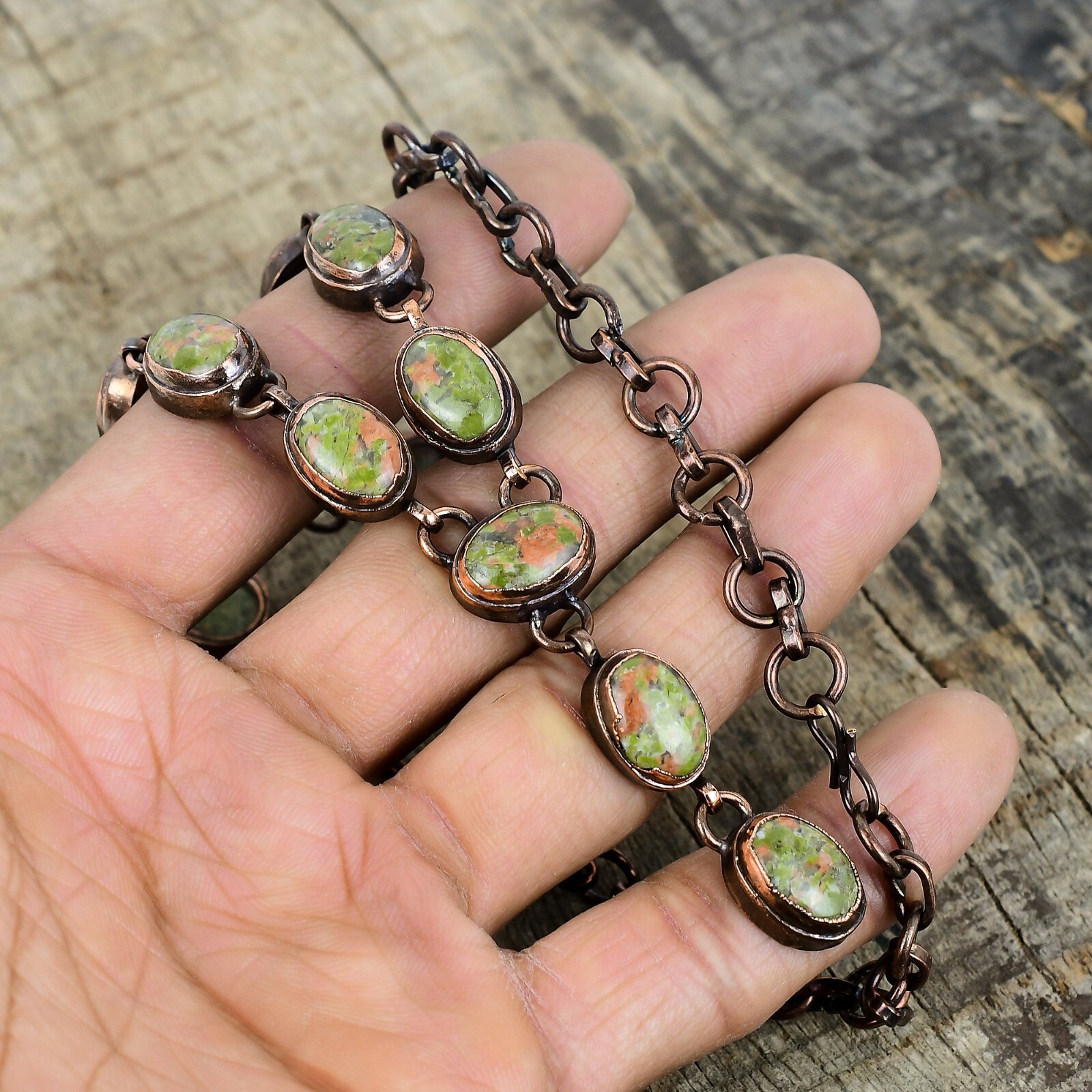 Oval Unakite Gemstone Chain Bezel Electroformed Wife Anniversary Necklace Copper