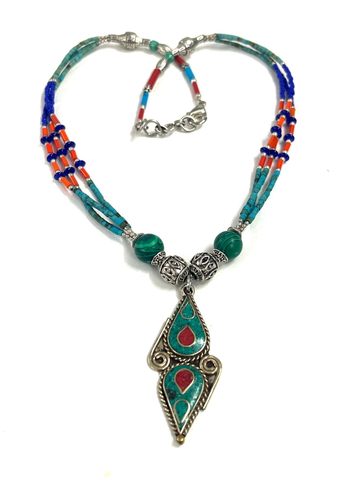 Turquoise Lapis Coral Gemstone Tibetan Statement Necklace Jewelry, 18 Inc Adjs