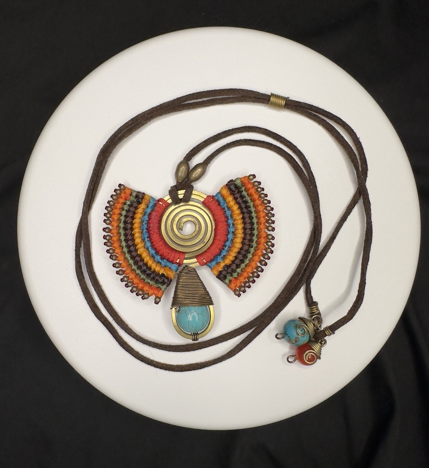 Tribal Path Turquoise Macrame Suede Handmade Necklace Evil Eye Artisan Nepal
