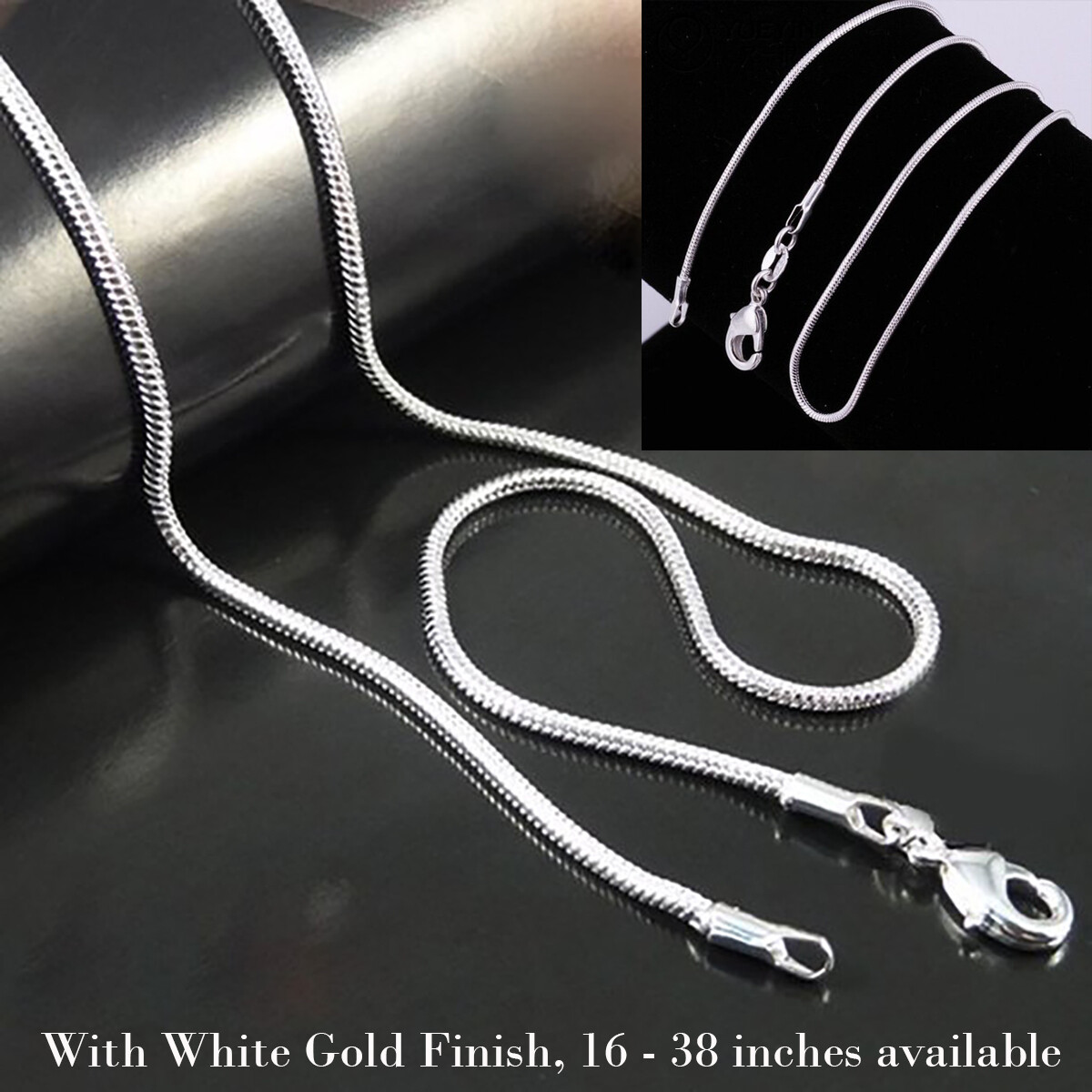 Unisex 925 Sterling Silver Snake Chain Necklace with White Gold Finish 16-38inch