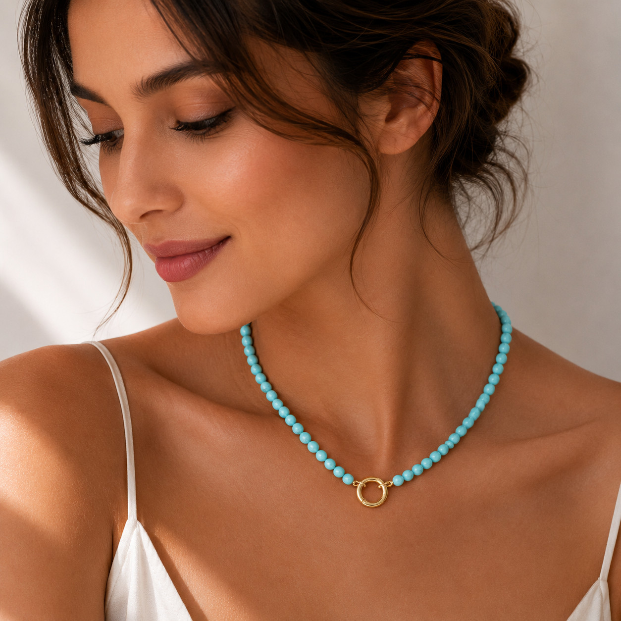 Turquoise Color Bead Necklace 18K Gold Plated Charm Holder Customizable