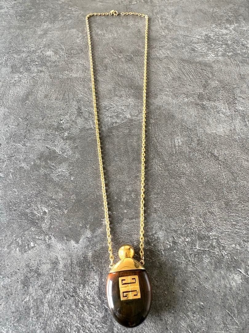 Givenchy Tortoise Shell Motif Gold Perfume Bottle Necklace Pendant N7