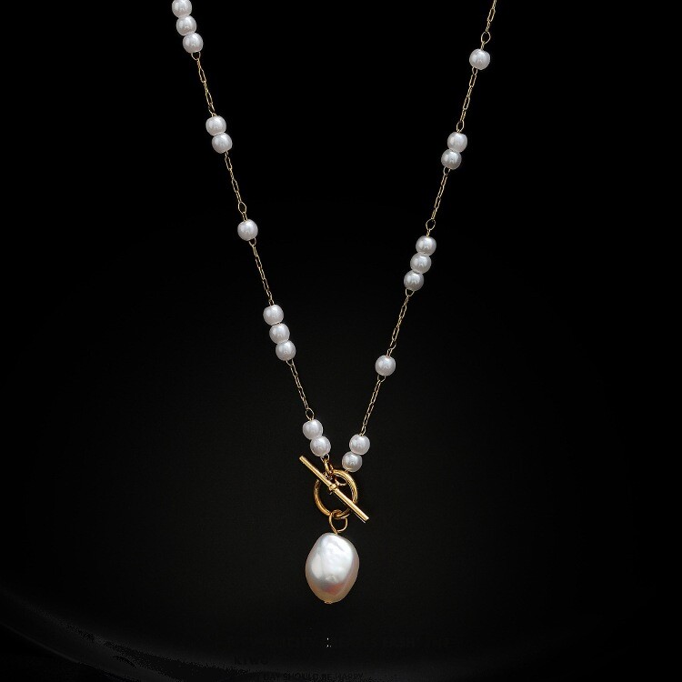 Woman 18K Gold Plated Pure Nature Freshwater Pearl Charm Chain Necklace Toggle