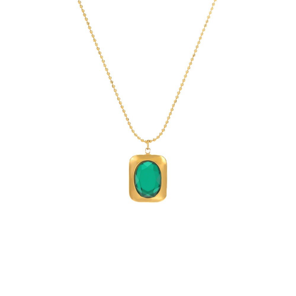 Vintage Emerald Stainless Steel Necklace Inlaid Titanium Steel Pendant Necklace