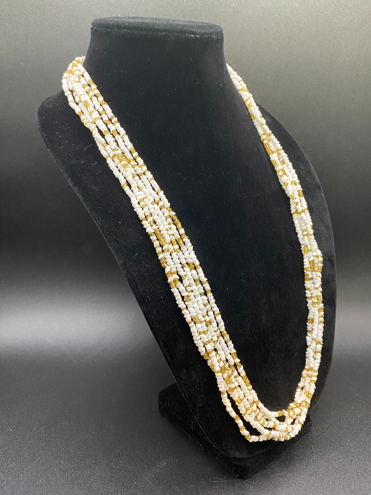 Necklace White and Gold Glass Bead Multistrand