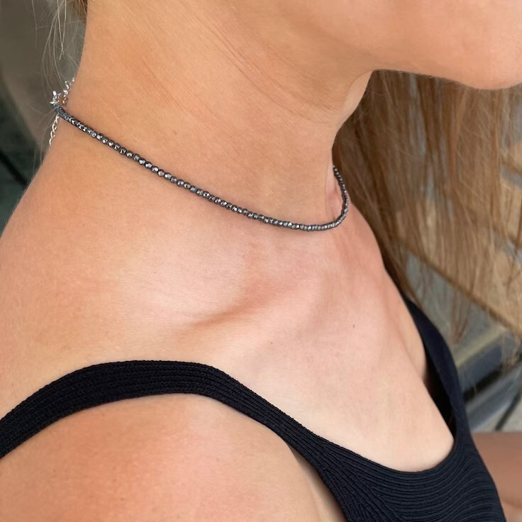 Hematite 2mm Tiny Beaded Choker Healing Dainty Women Boho Crystal Necklace Gifts