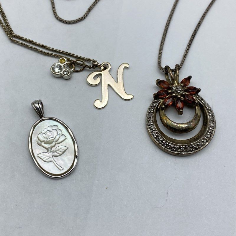 Sterling Silver 925 Jewelry Lot 3pc Mother of Pearl Rose Initial N Pendants