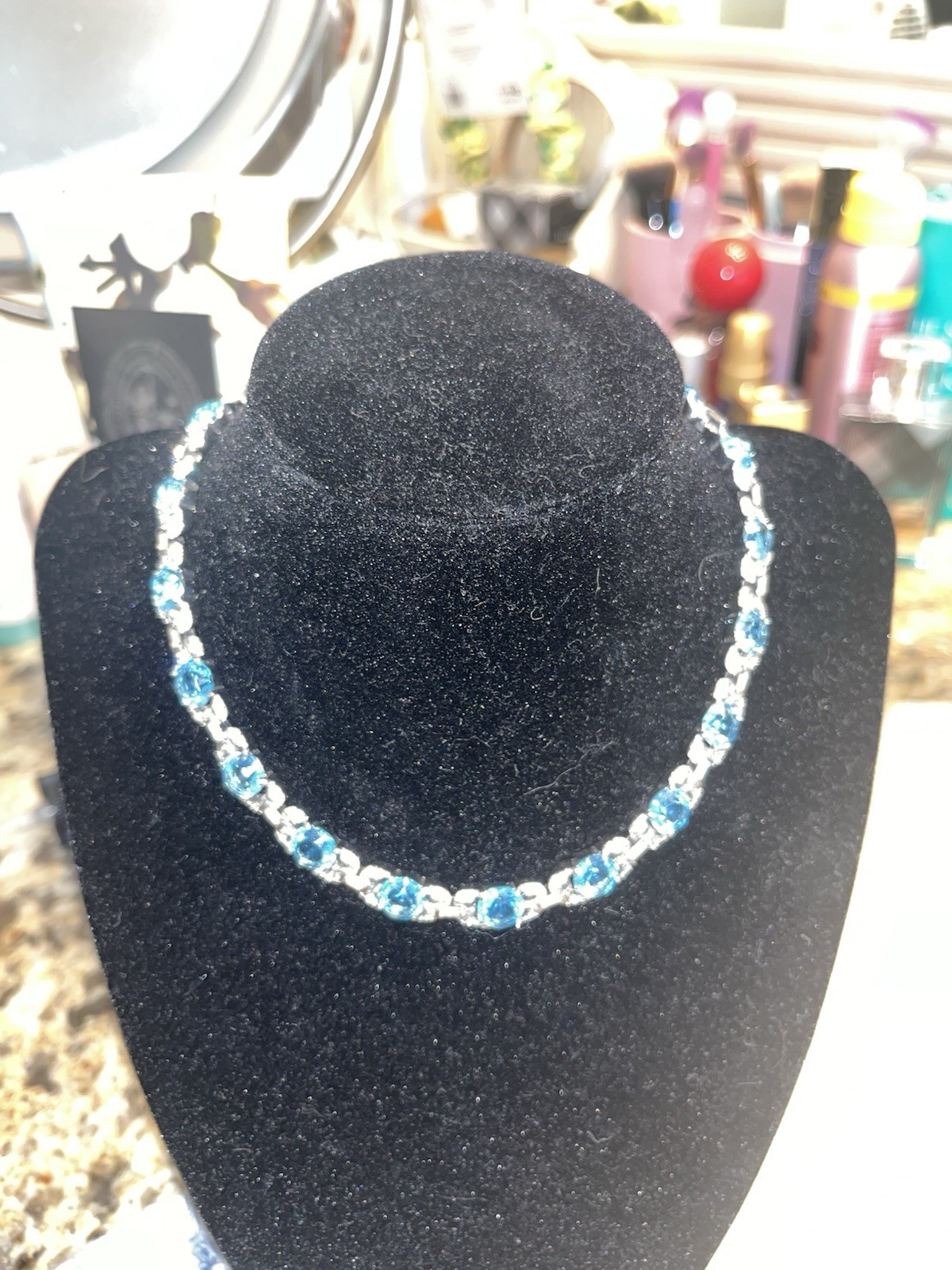 Vintage Blue Topaz & CZ Tennis Necklace Silver Tone Prong Set Box Clasp 14in.