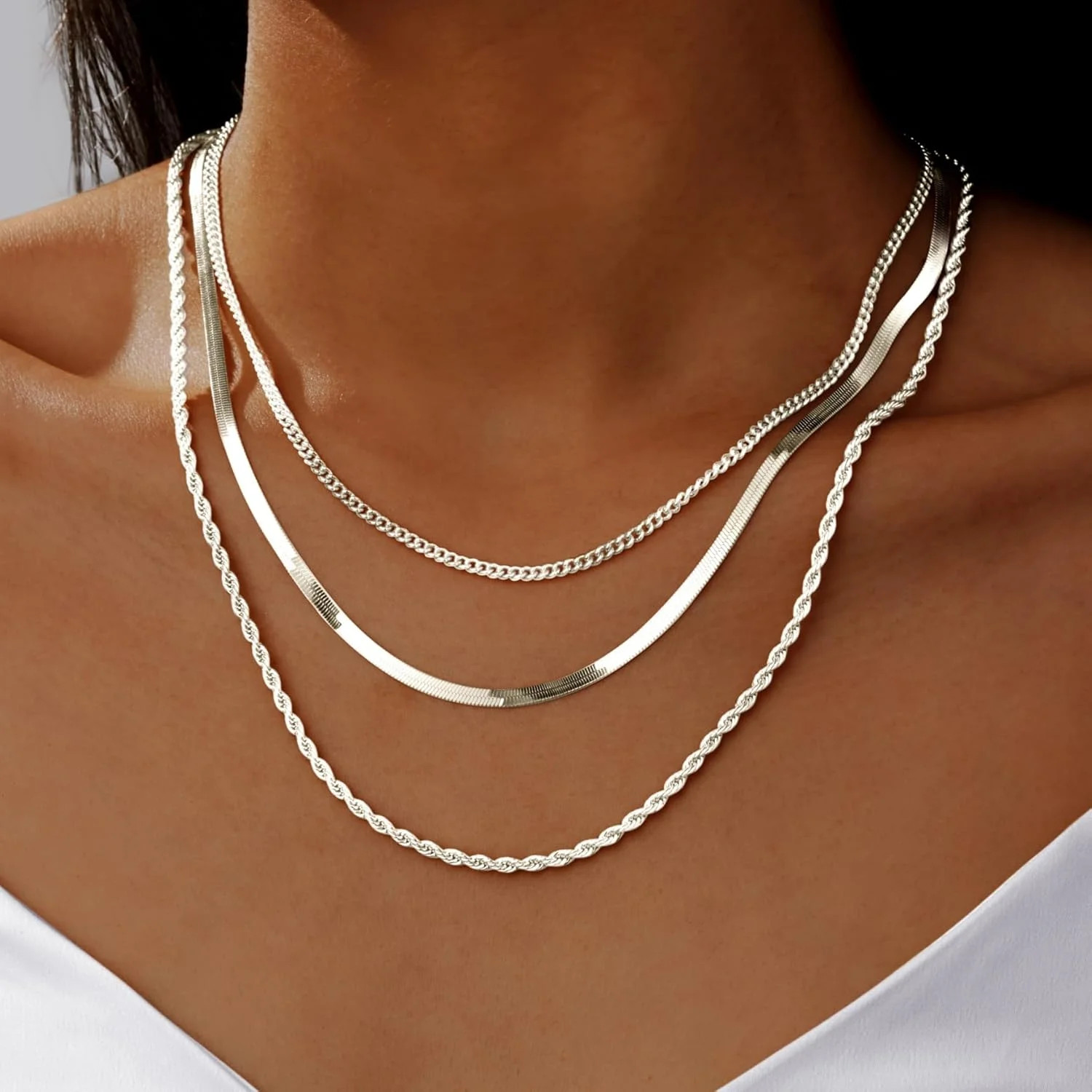 S925 Sterling Silver Plated Necklace Stack for Women,Waterproof Silver Layered H