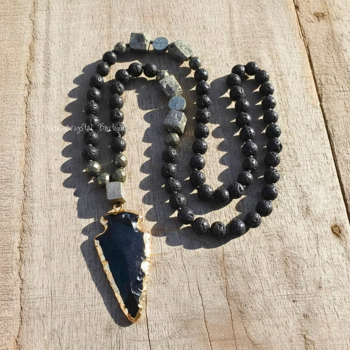 Natural Obsidian Arrowhead Pendant Necklace Lava Rock Beaded Tribal Jewelry Gift
