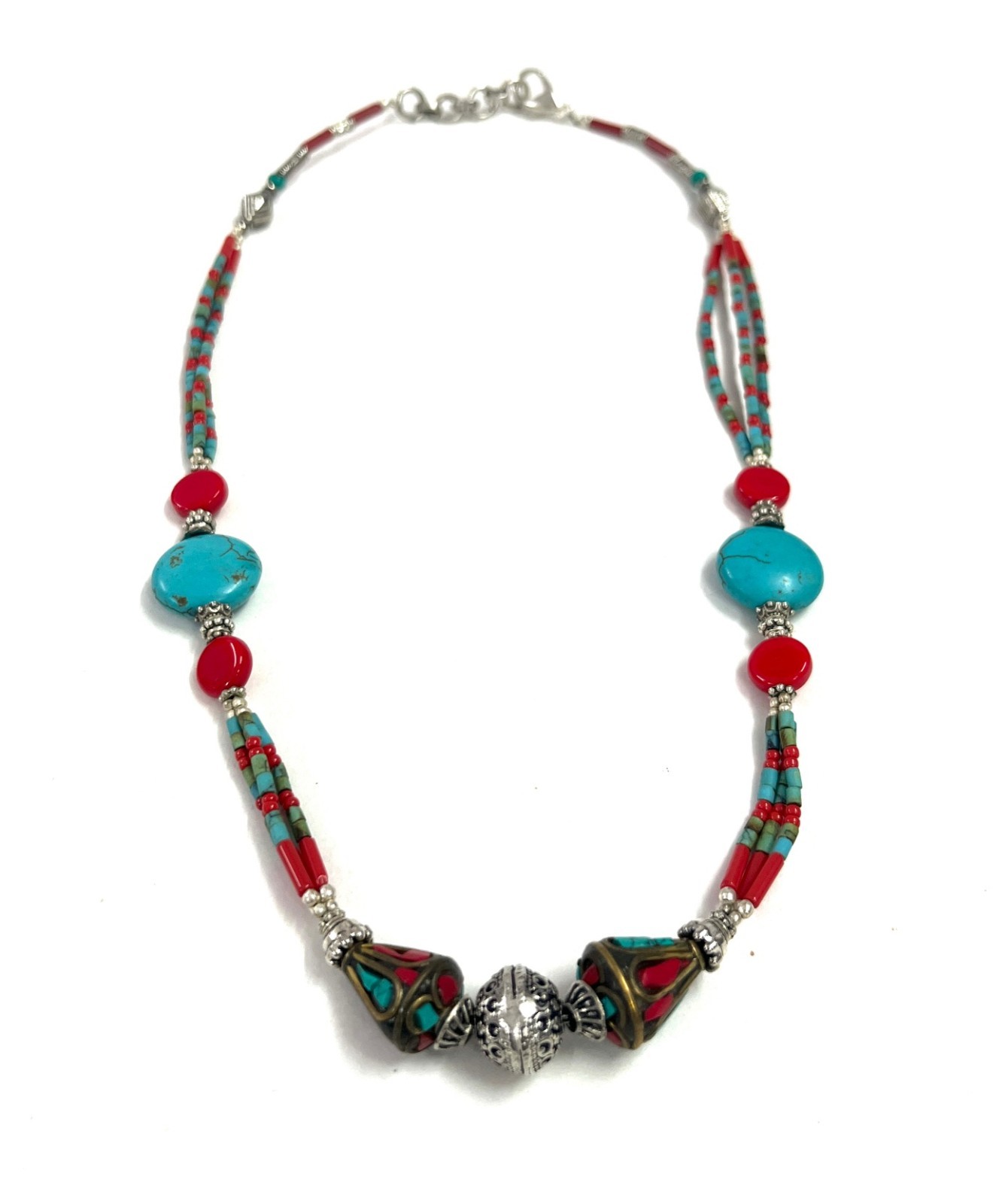 Tibetan Turquoise Coral Gemstone Handmade Necklace Jewelry, 18 Inch Adjs