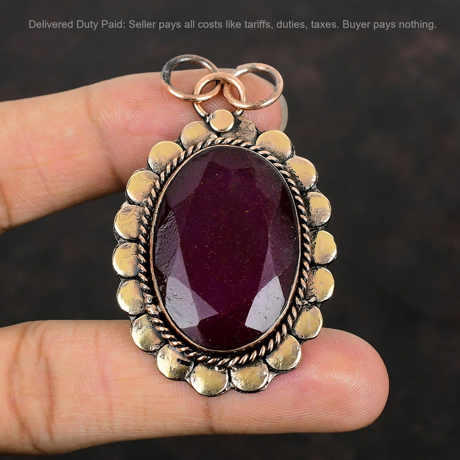 Oval Kashmir Rubi Stone Copper Bezel Anniversary Sister Wedding Trendy Pendant