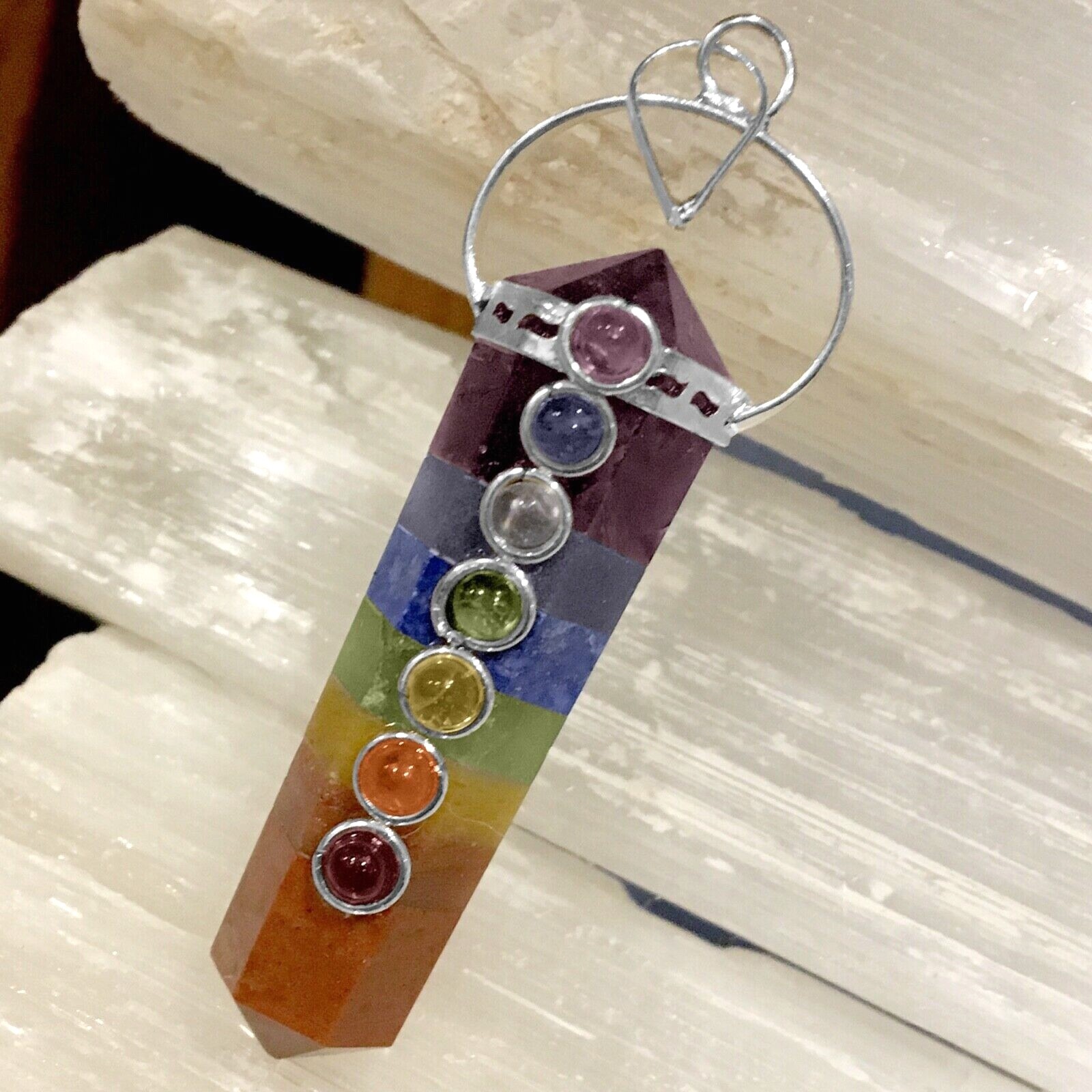 Rainbow Chakra Crystal Double Point Pendant 7 Bonded Stone Necklace Reiki Healin