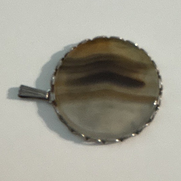 Silver Round Bezel Set Agate Pendant Charm w/ Bail Brown Gray Striped Stone