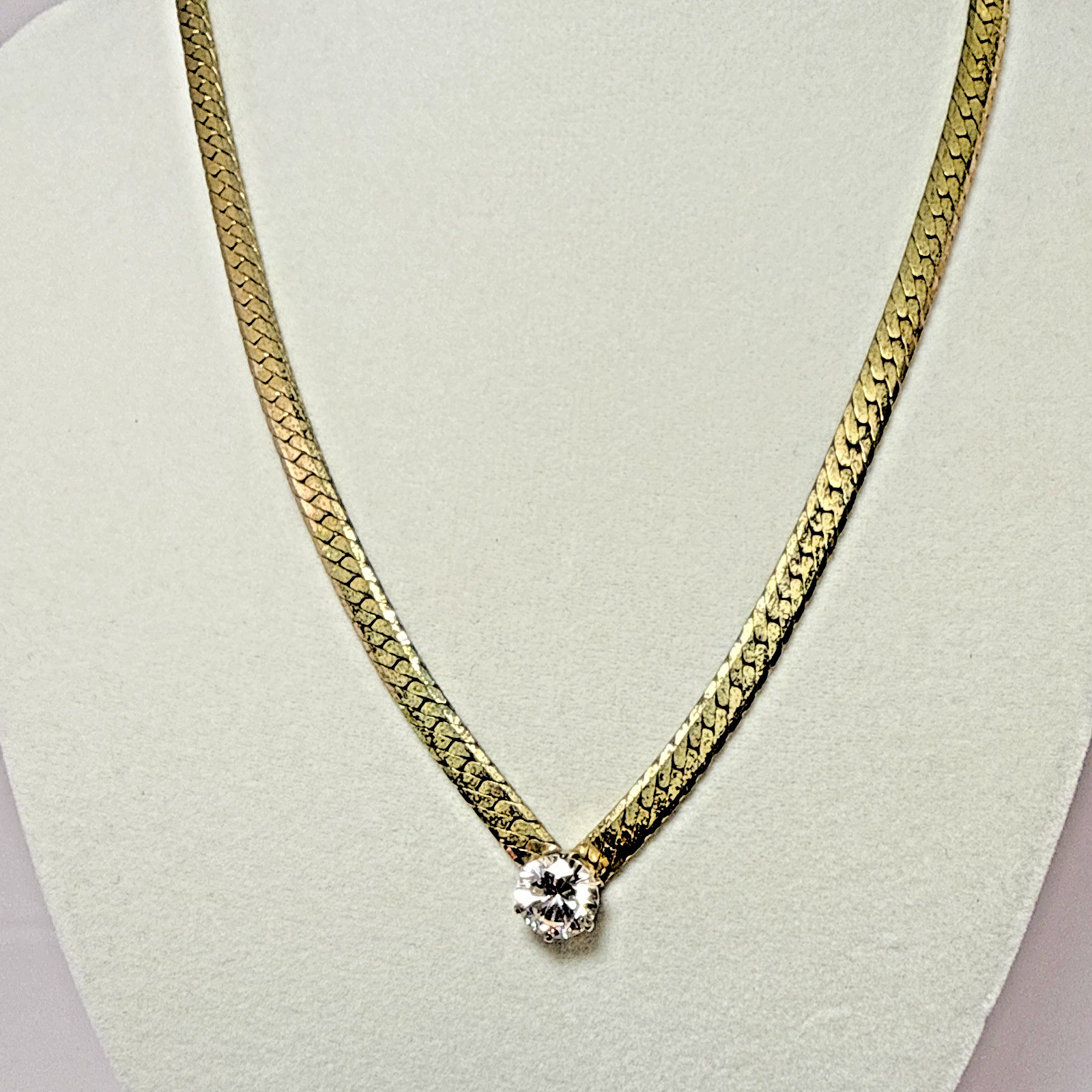Vintage Gold Tone Flat Herringbone Chain Cubic Zirconia Solitaire Choker